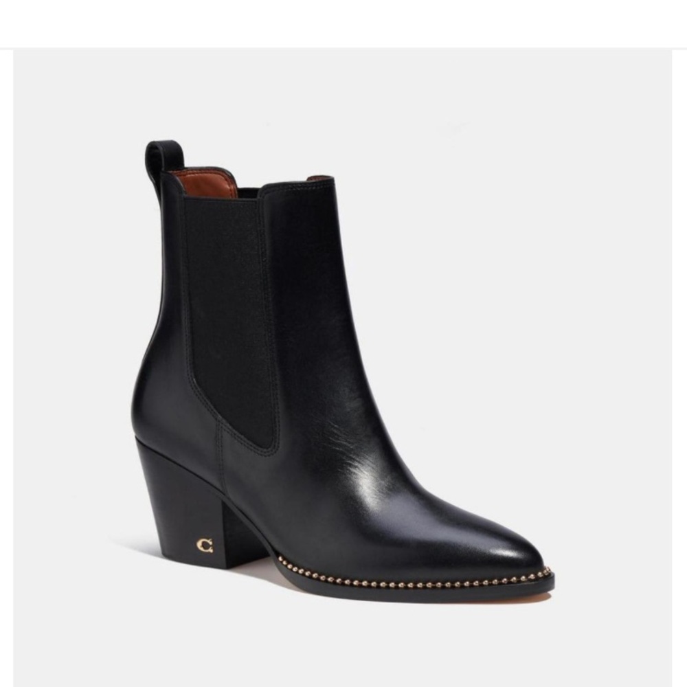 Coach Black Leather Chelsea Boot with Gold Stud Trim